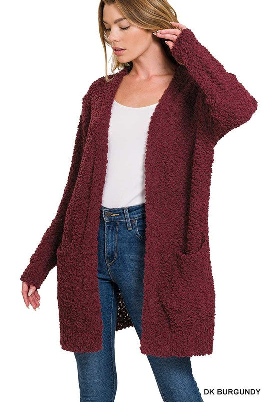 LONG SLEEVE POPCORN SWEATER CARDIGAN WITH POCKETS