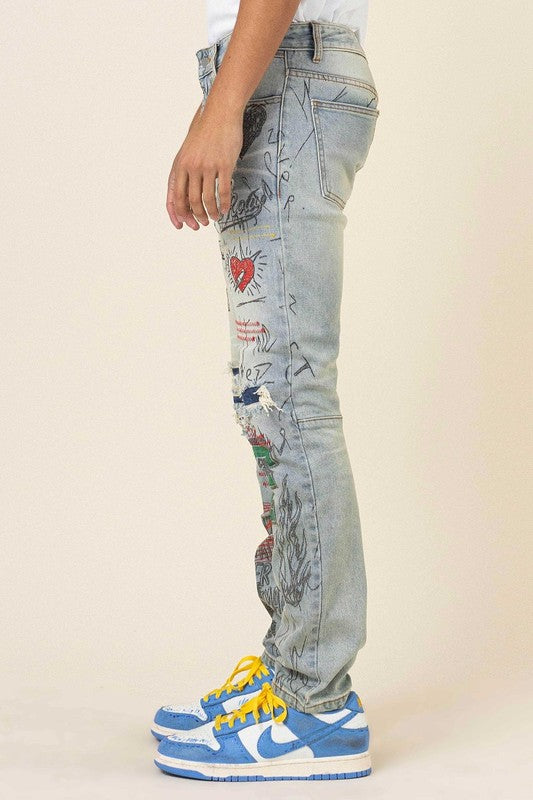 ALL OVER DOODLING SLIM FIT DENIM