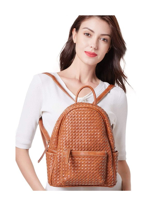 Woven backpack purse for women camel small