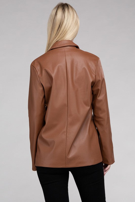 Sleek Pu Leather Blazer with Front Closure