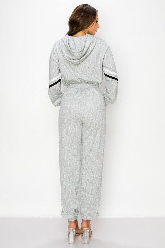 FRENCH TERRY STRIPED FRONT ZIPPER JOGGER JUMPSUIT