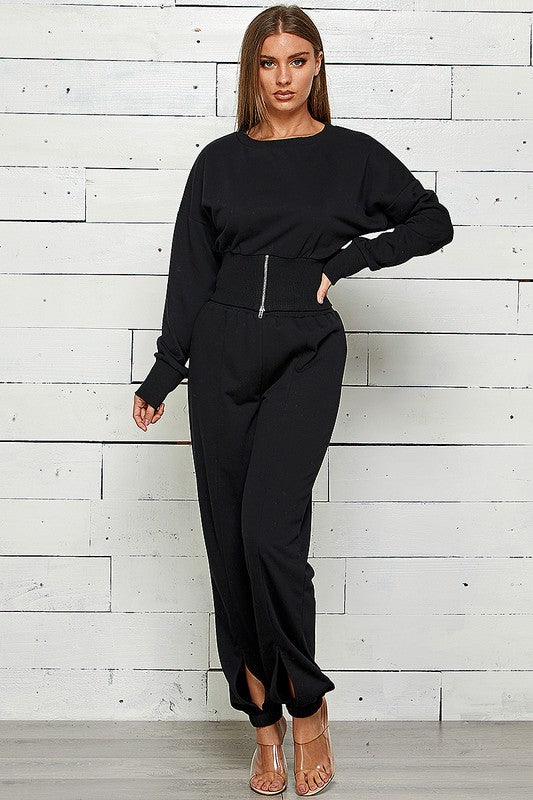 ZIP FRONT WITH SLIT JOGGER SWEATPANTS SET