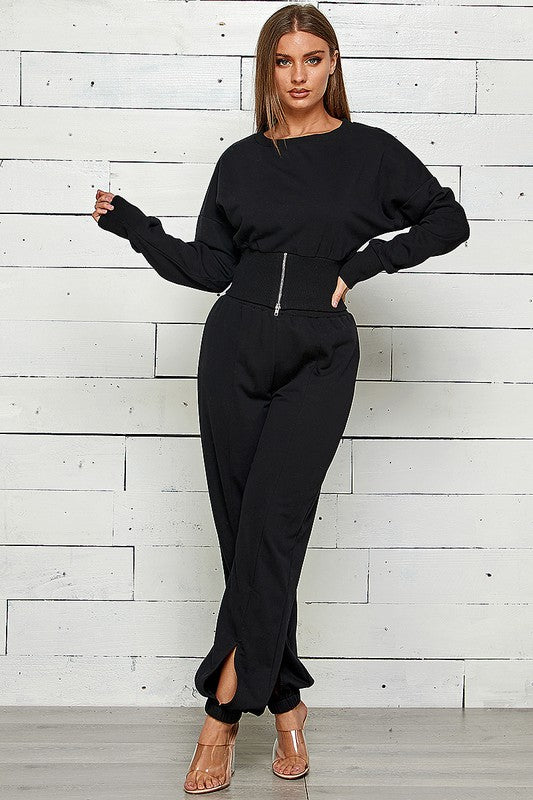 ZIP FRONT WITH SLIT JOGGER SWEATPANTS SET