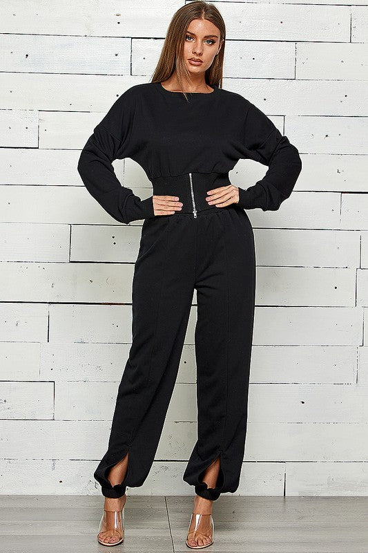 ZIP FRONT WITH SLIT JOGGER SWEATPANTS SET