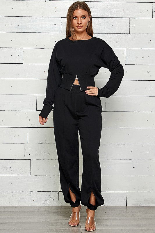 ZIP FRONT WITH SLIT JOGGER SWEATPANTS SET