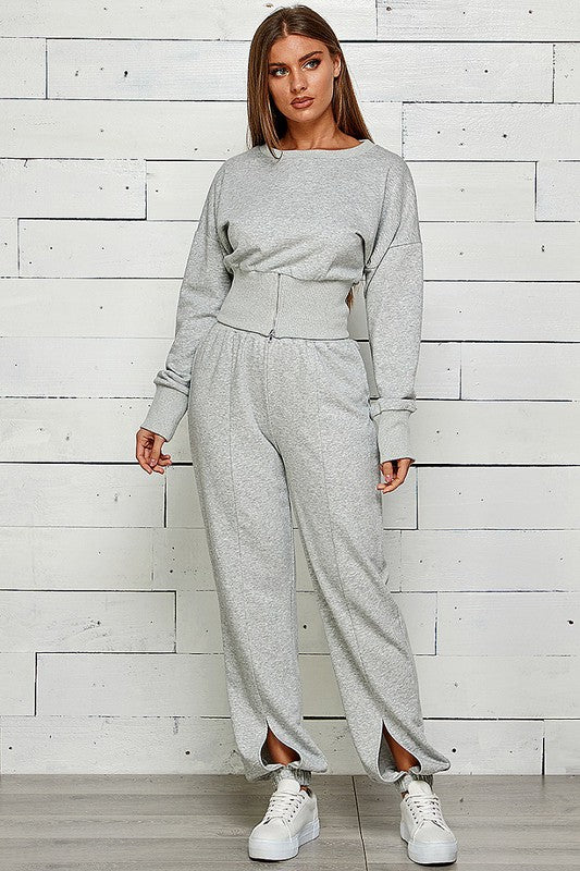 ZIP FRONT WITH SLIT JOGGER SWEATPANTS SET