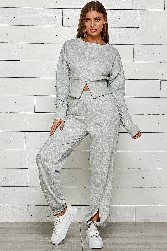 ZIP FRONT WITH SLIT JOGGER SWEATPANTS SET