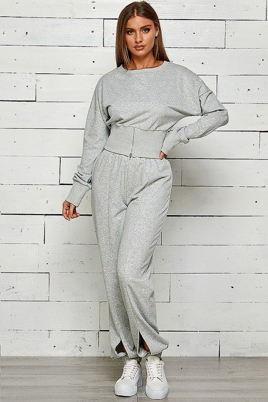 ZIP FRONT WITH SLIT JOGGER SWEATPANTS SET