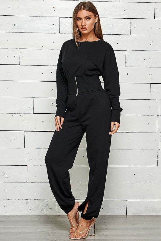 ZIP FRONT WITH SLIT JOGGER SWEATPANTS SET