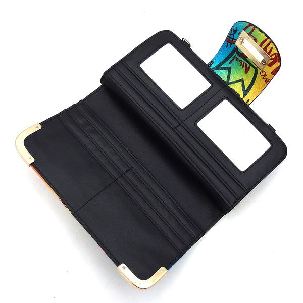 Multi Graffiti Turn Lock Crossbody Wallet