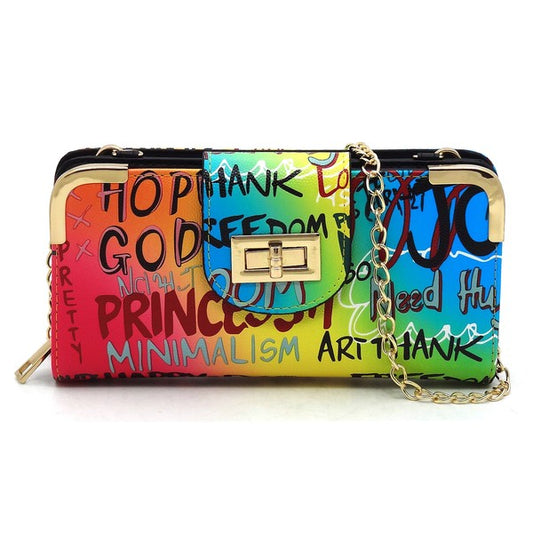 Multi Graffiti Turn Lock Crossbody Wallet