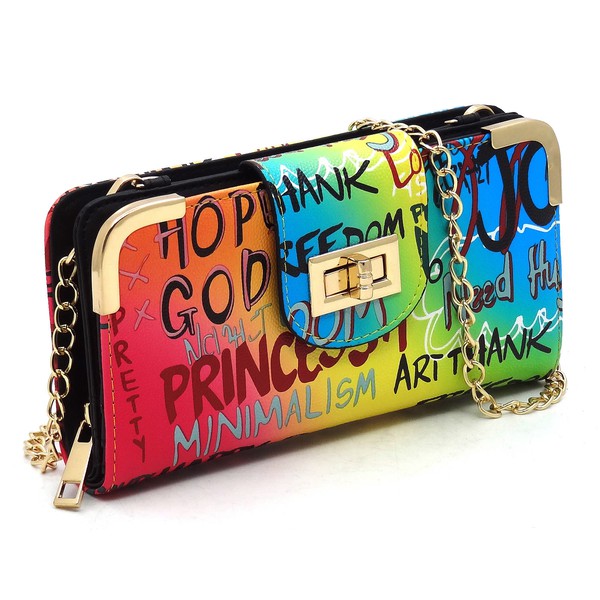 Multi Graffiti Turn Lock Crossbody Wallet