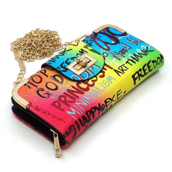 Multi Graffiti Turn Lock Crossbody Wallet