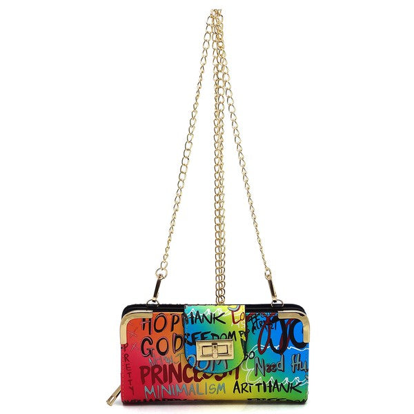 Multi Graffiti Turn Lock Crossbody Wallet