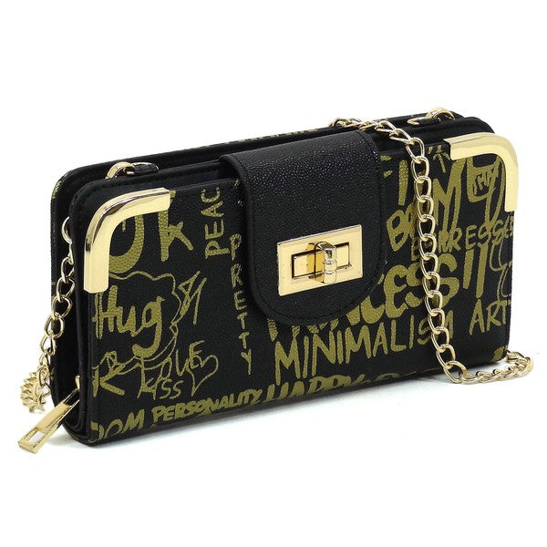 Multi Graffiti Turn Lock Crossbody Wallet