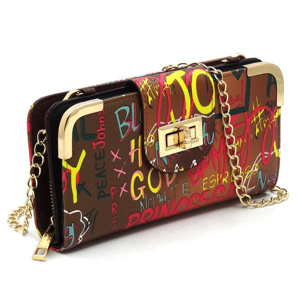 Multi Graffiti Turn Lock Crossbody Wallet
