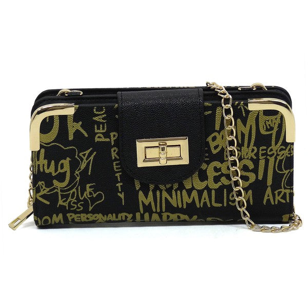 Multi Graffiti Turn Lock Crossbody Wallet