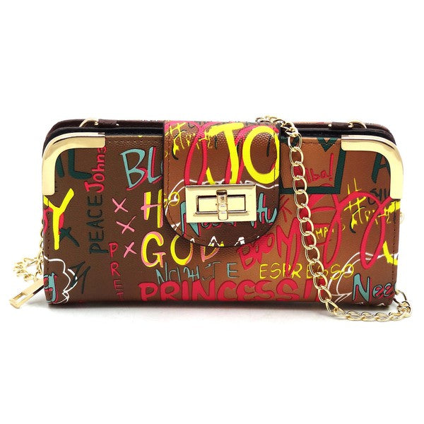 Multi Graffiti Turn Lock Crossbody Wallet