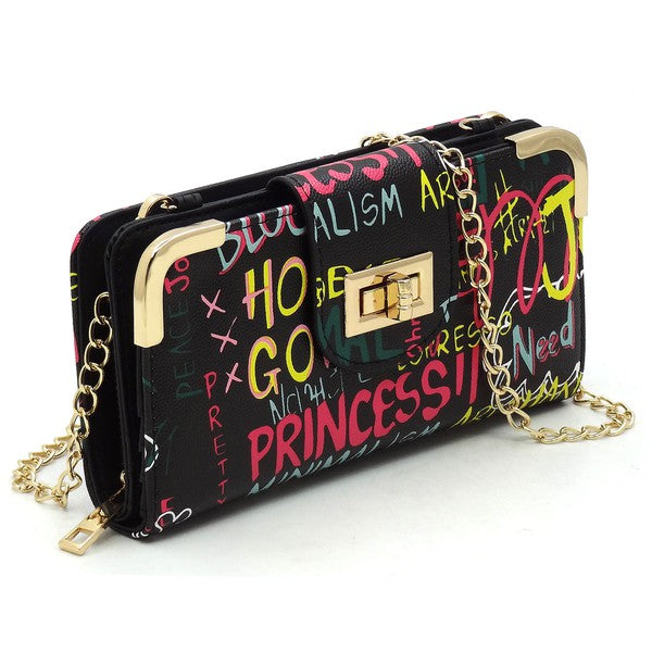 Multi Graffiti Turn Lock Crossbody Wallet