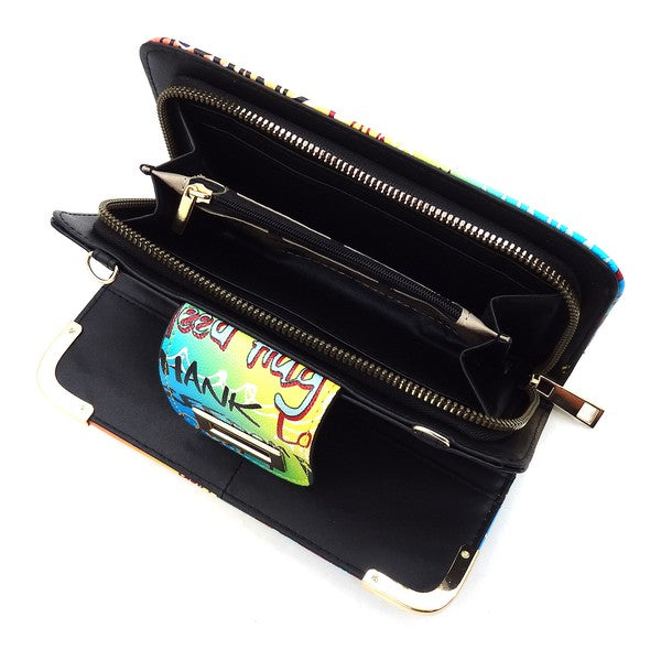 Multi Graffiti Turn Lock Crossbody Wallet