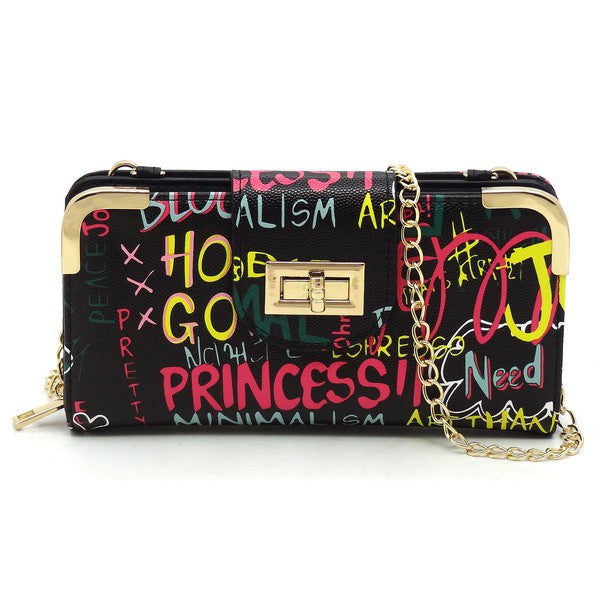 Multi Graffiti Turn Lock Crossbody Wallet