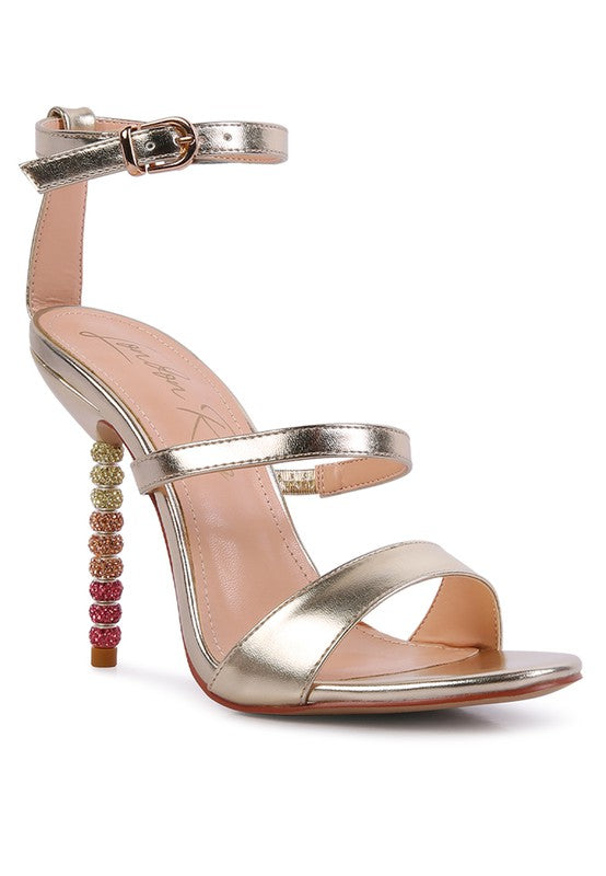 LAWSUIT RHINESTONE BALL HEEL SATIN SANDALS