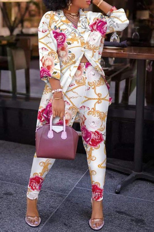 Print Lantern Sleeve Top High Waist Pants Set