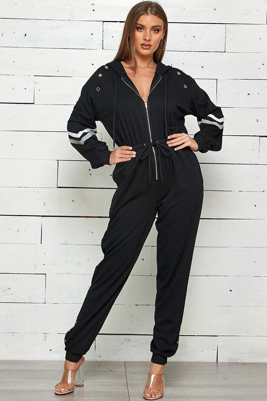 FRENCH TERRY STRIPED FRONT ZIPPER JOGGER JUMPSUIT